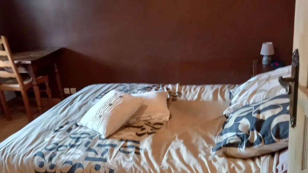 Une chambre avec des murs brun foncé, contenant un grand lit couvert d'un couvre-lit beige.