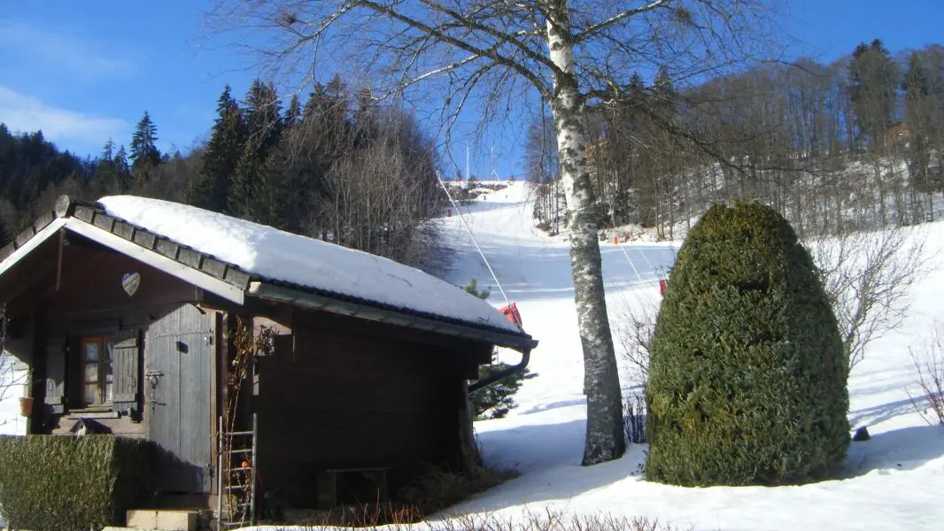 arrière de la maison donnant sur les pistes de ski avec petit chalet pour ranger les skis en saison d'hiver
