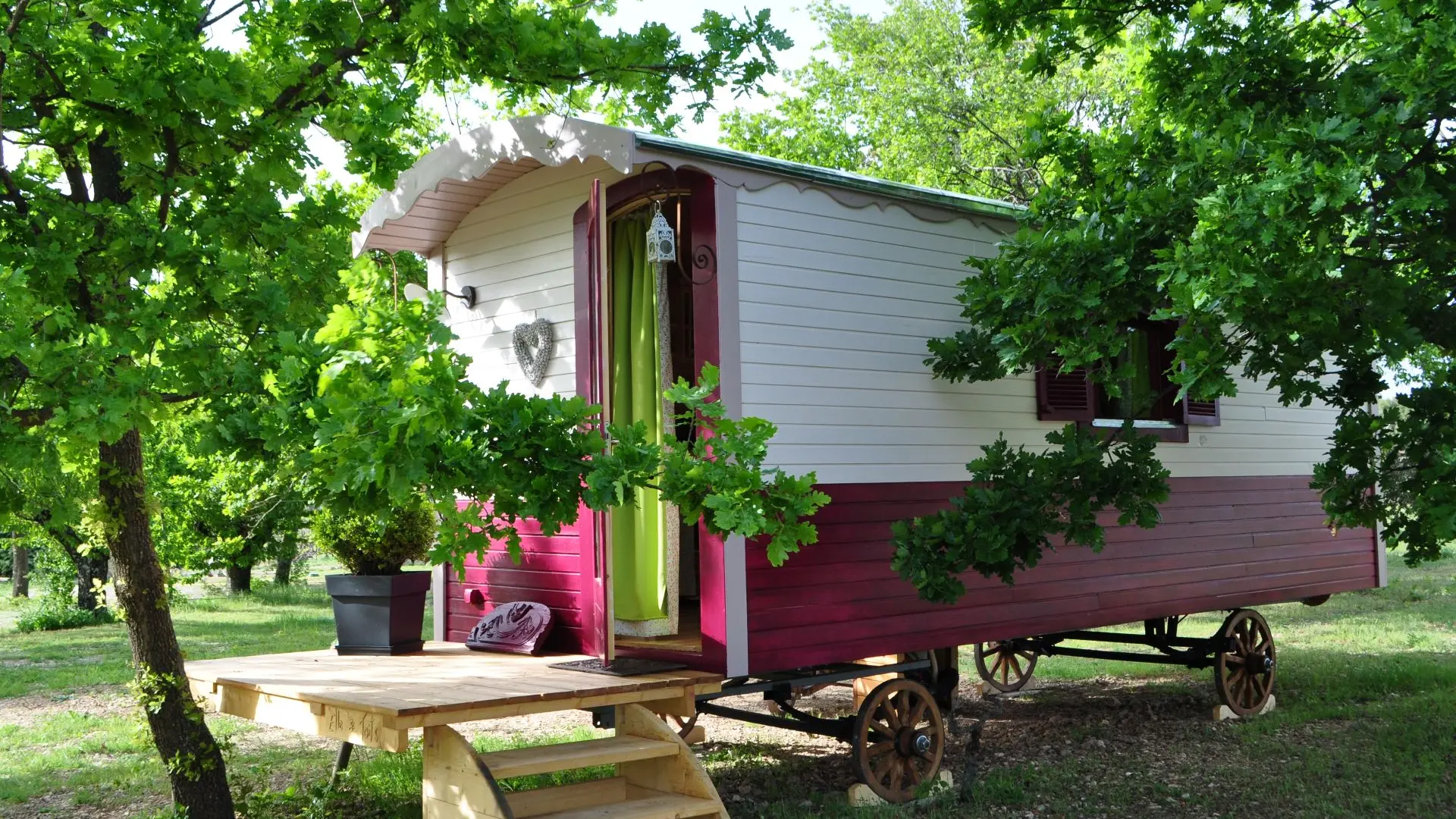 La roulotte et son écrin de verdure
