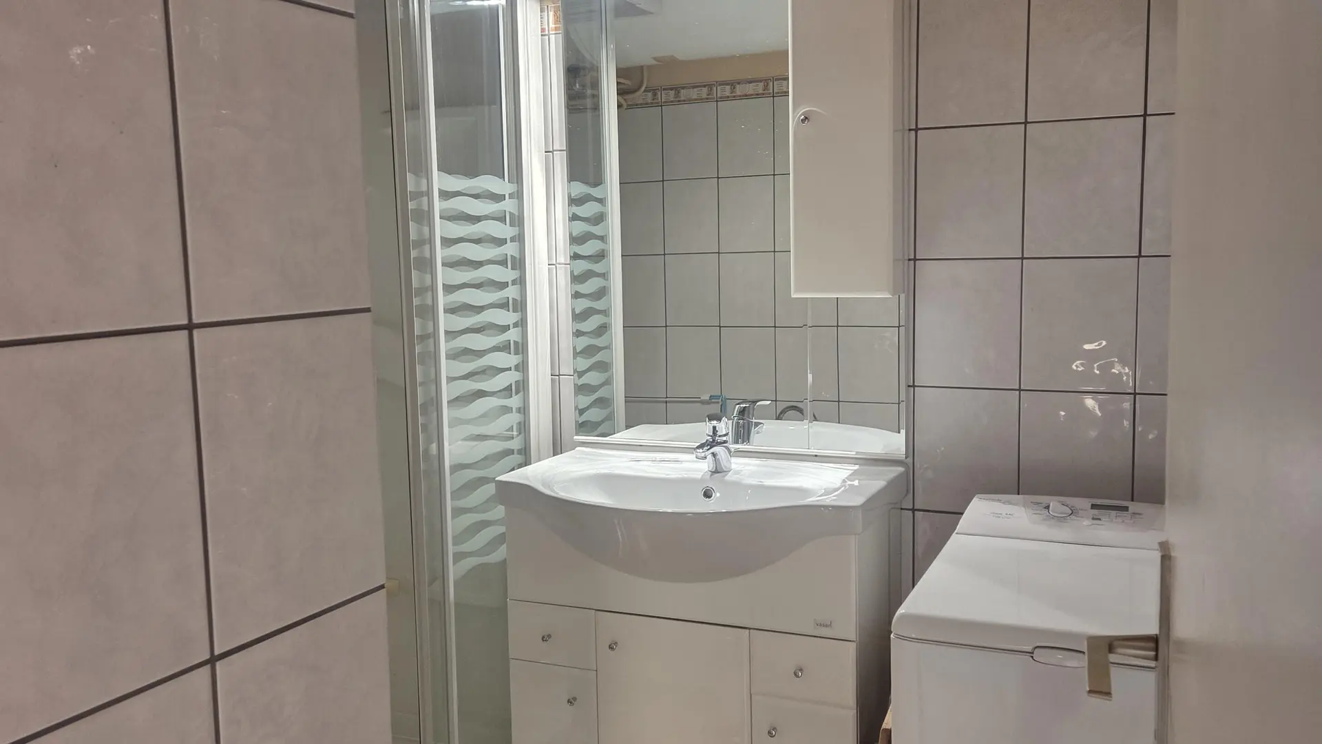 Machine à laver à côté du lavabo de la salle d'eau