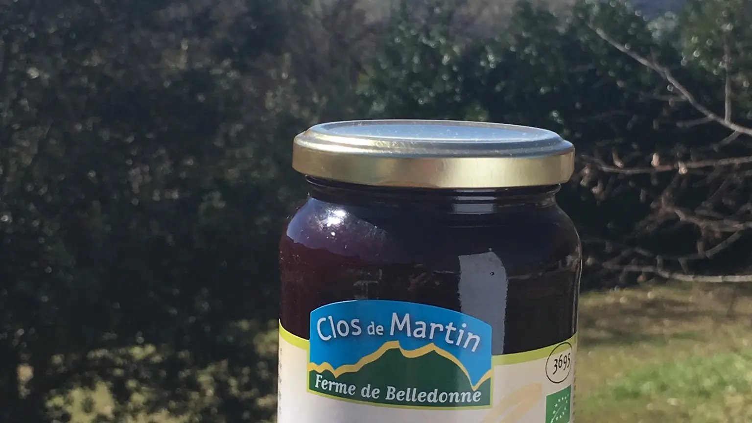 Pot de gelée de cassis avec en arrière plan une vue sur la montagne.