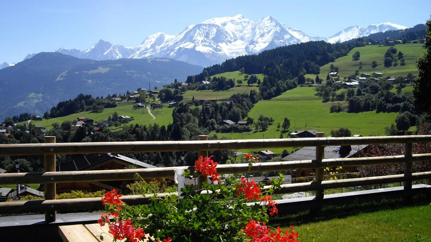 Vue du Mont-Blanc depuis l'espace vert du chalet.