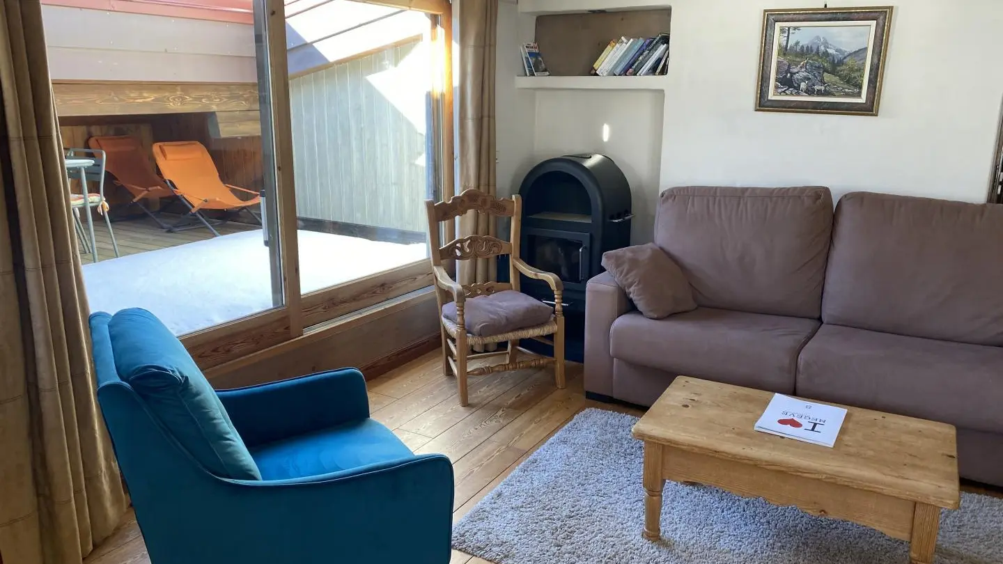 Salon avec poêle à bois , accès terrasse en toiture