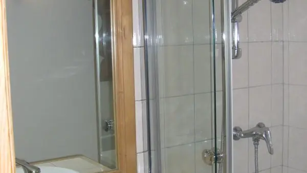 Salle de bains avec douche et lave linge