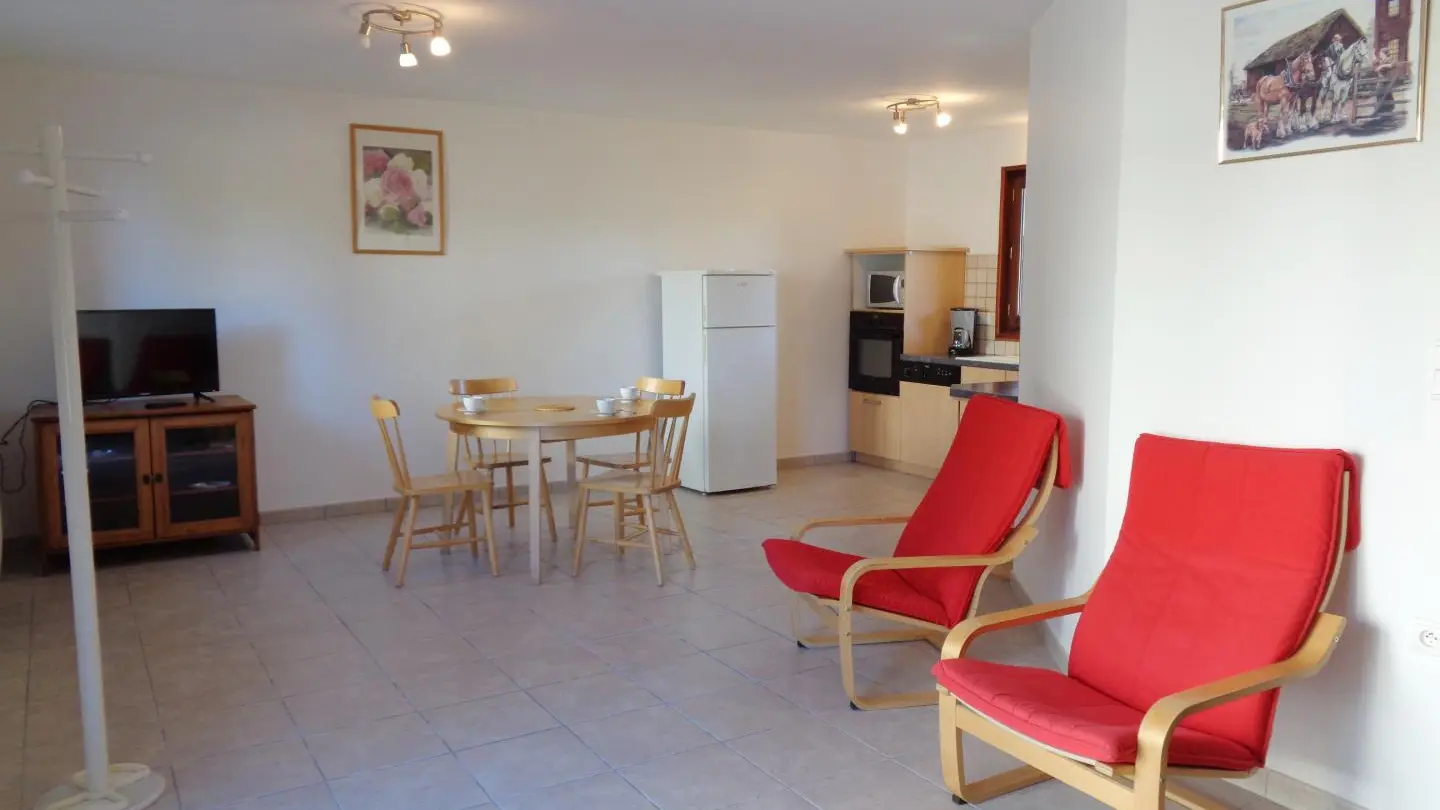 Pièce à vivre : cuisine ouverte sur la salle à manger et l'espace détente.