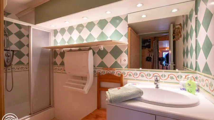 Lavabo, sèche-serviette, douche