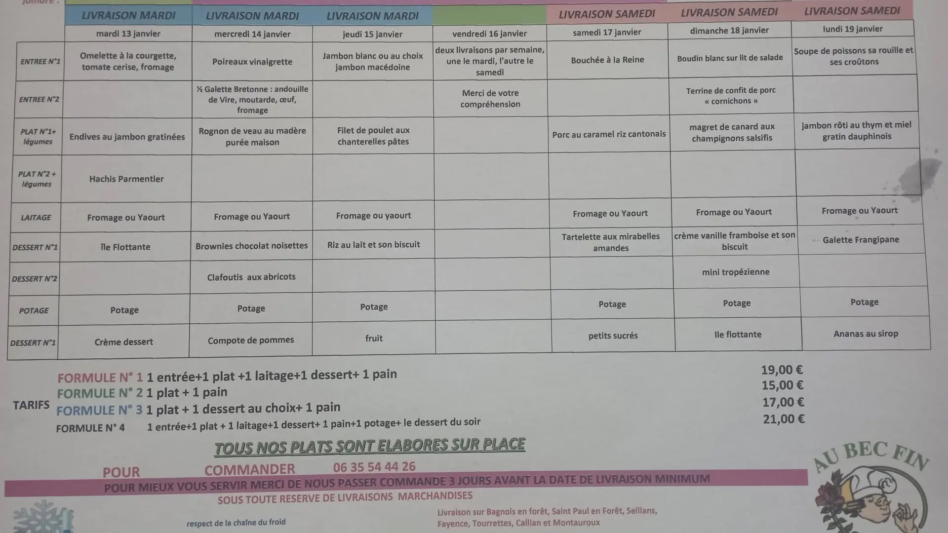 menus hebdomadaires en livraison