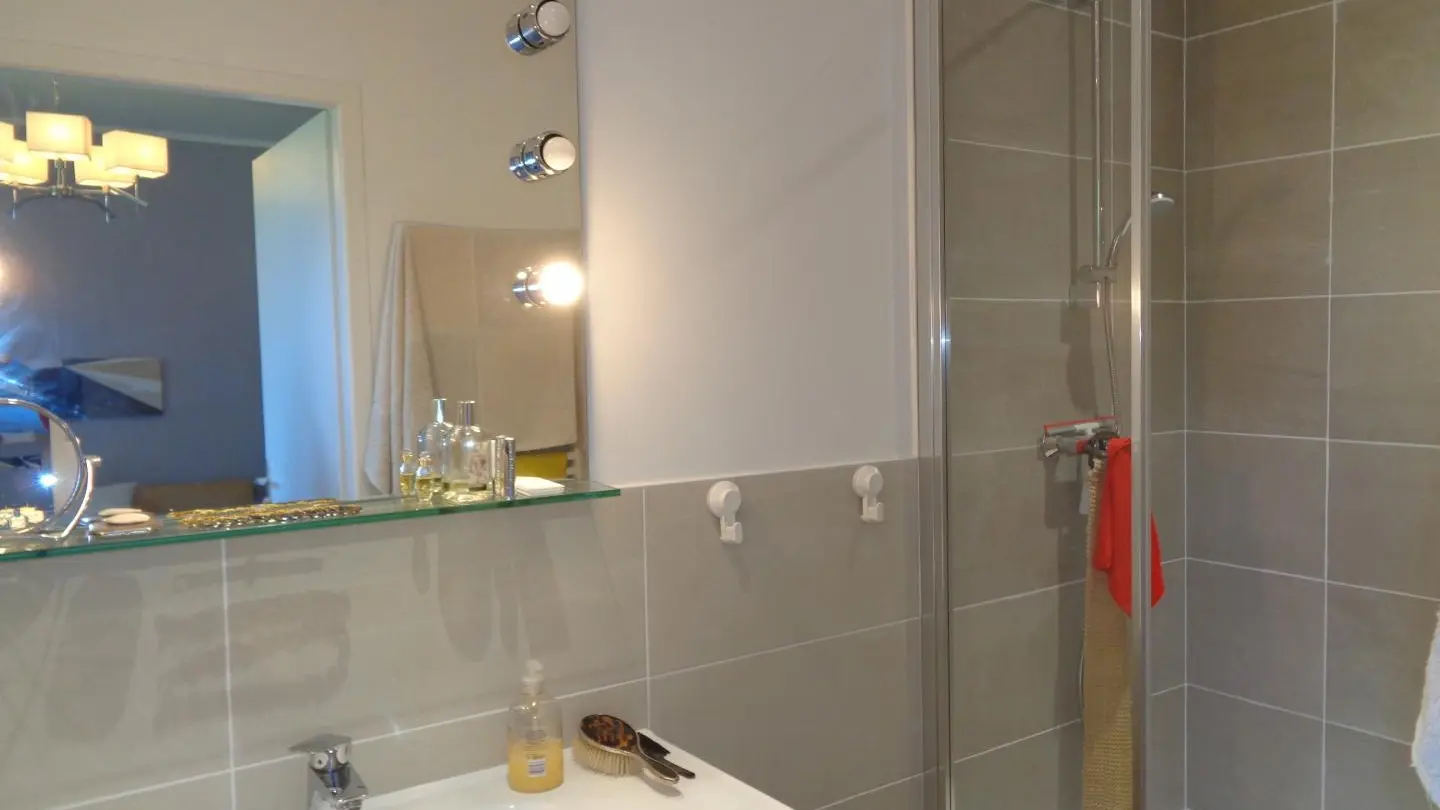 Chambre Moderne : 1 lit 160 avec sanitaires complets et privatifs.
