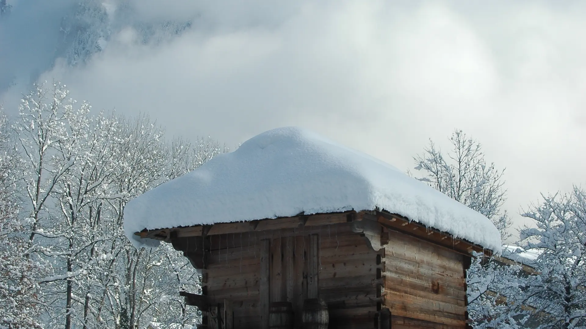 Vue sur petite cabane en hiver