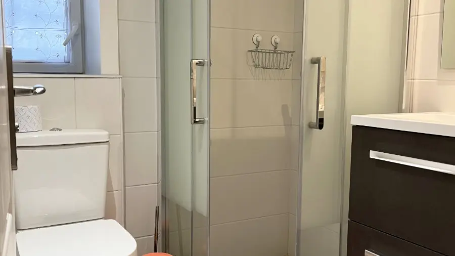 Vous trouverez dans cette salle d’eau, une douche spacieuse. Un WC est situé à côté, et un meuble sous vasque en bois complète l'aménagement.