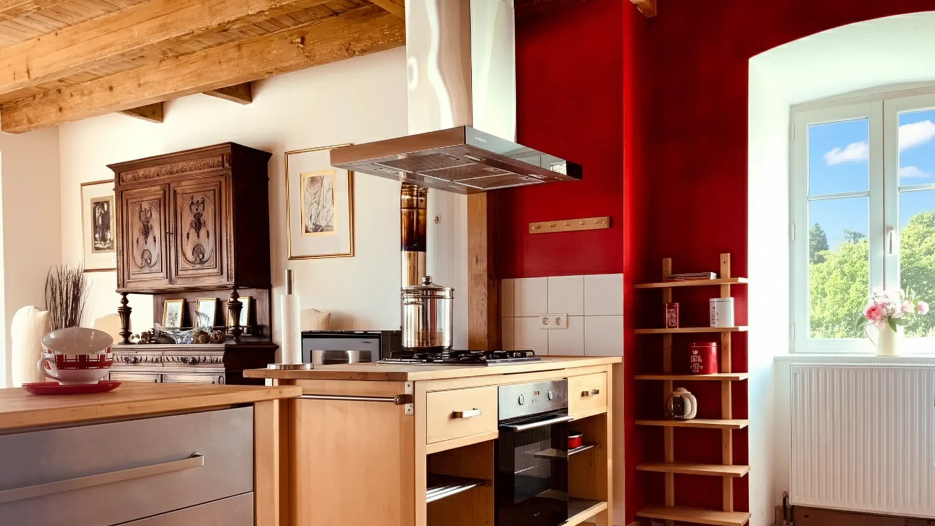 Cuisine lumineuse mêlant style moderne et charme ancien. Un îlot en bois clair occupe le centre, équipé d’une plaque de cuisson et d’une hotte en acier inoxydable. À droite, un mur rouge vif met en valeur une étagère en bois garnie de boîtes et d’objets. Une grande fenêtre laisse entrer la lumière naturelle et offre une vue sur la verdure extérieure. À gauche, un grand meuble ancien en bois sculpté apporte une touche traditionnelle, décoré de cadres et d’accessoires.