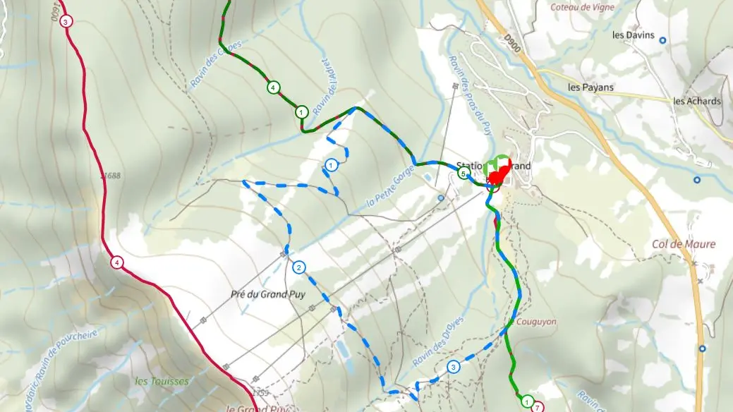 Carte parcours raquettes Gand-Puy
