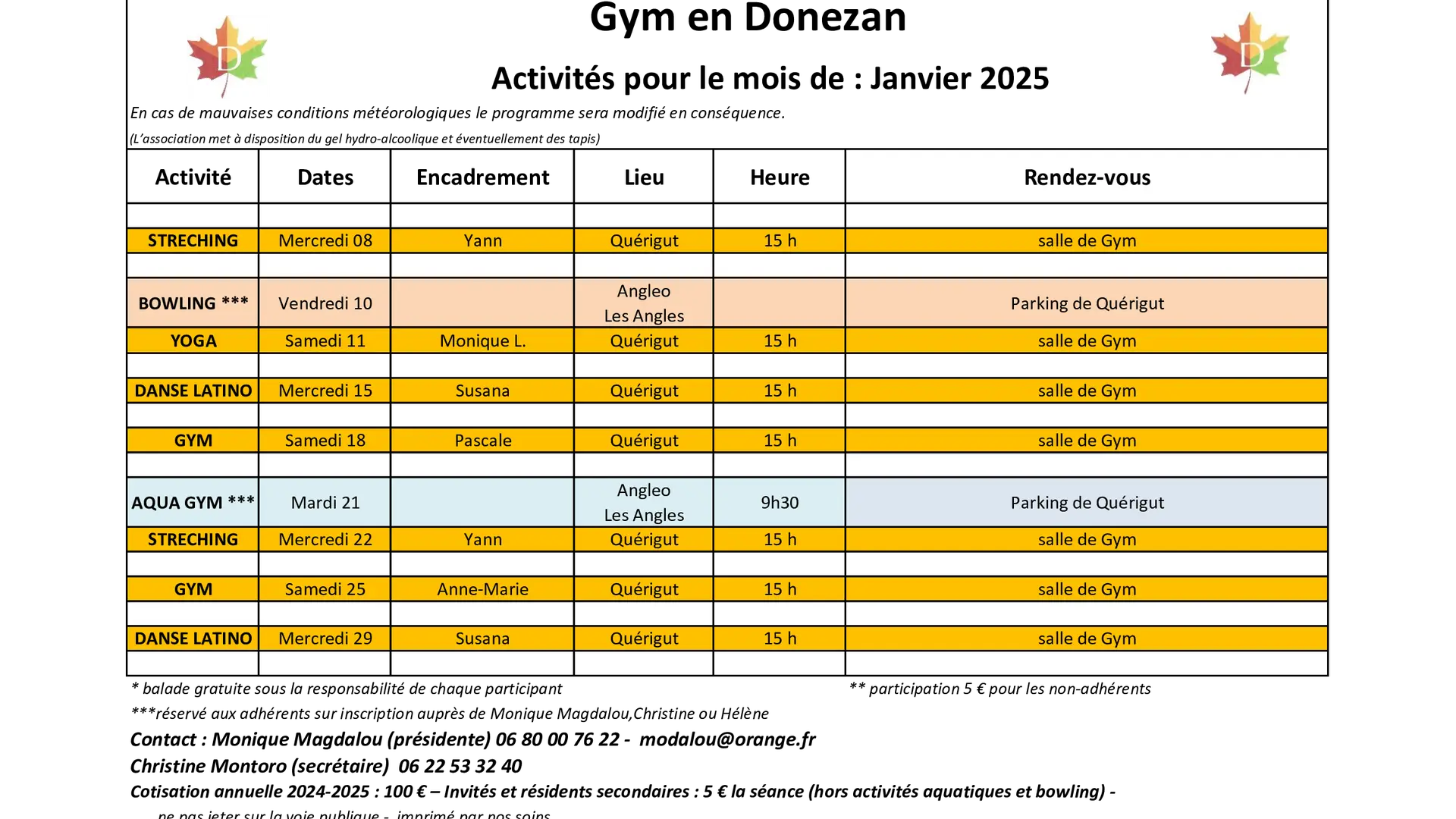 planning des activités de janvier 2025