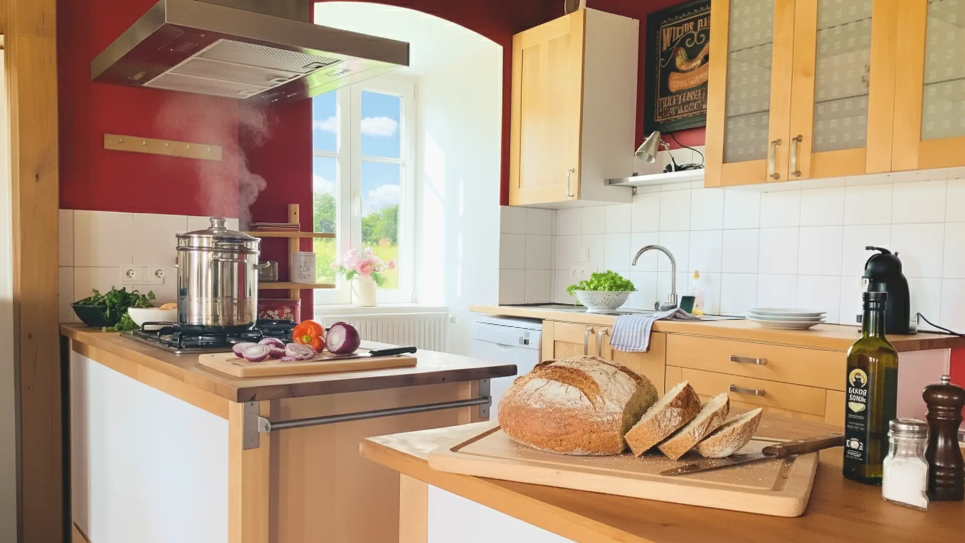 Cuisine lumineuse aux murs rouges et aux meubles en bois clair. Au centre, un îlot accueille une planche à découper avec un gros pain de campagne tranché, accompagné d’huile d’olive, de sel et d’un moulin à poivre. Sur un second plan de travail, des oignons rouges et un poivron sont coupés, prêts pour la préparation. Une grande casserole en inox fume doucement sur la gazinière. La fenêtre ouverte au fond laisse entrer la lumière du jour et donne sur un paysage vert. L’ensemble évoque une ambiance conviviale, comme si un repas maison était en train de mijoter.