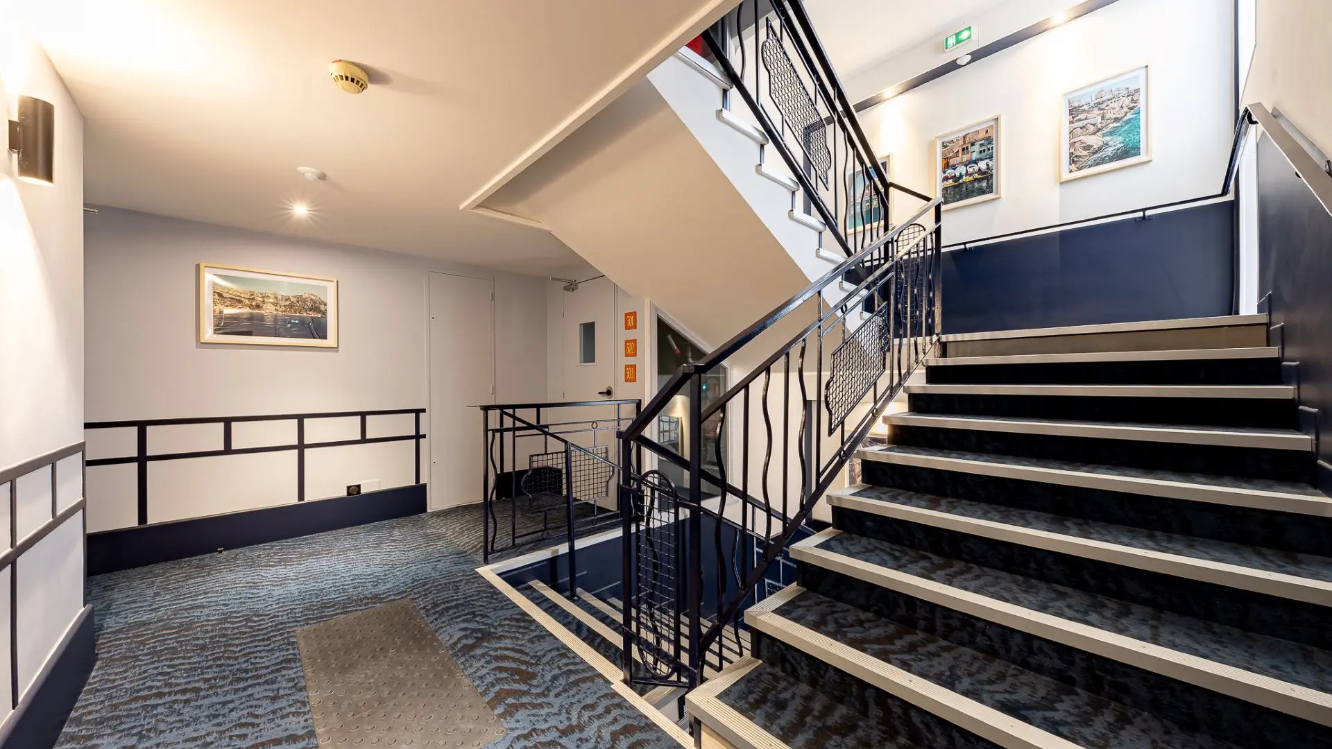 cage d'esacliers avec moquette bleue