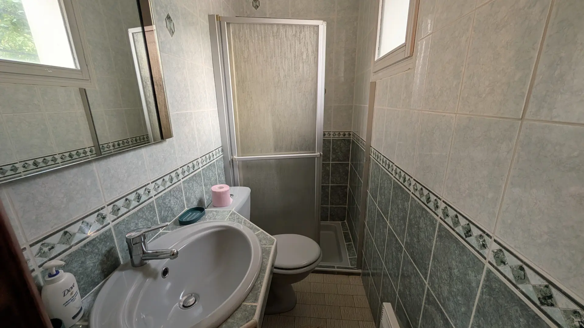 Une salle d'eau comprenant un lavabo sur colonne à gauche avec un grand miroir rectangulaire au-dessus, une toilette au centre et une cabine de douche vitrée dans le coin droit.