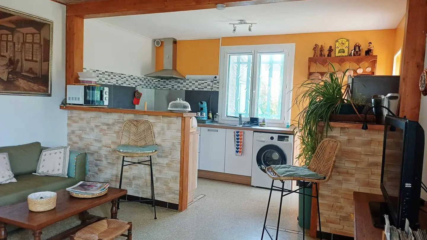 Salon ouvert vers la cuisine et le coin repas