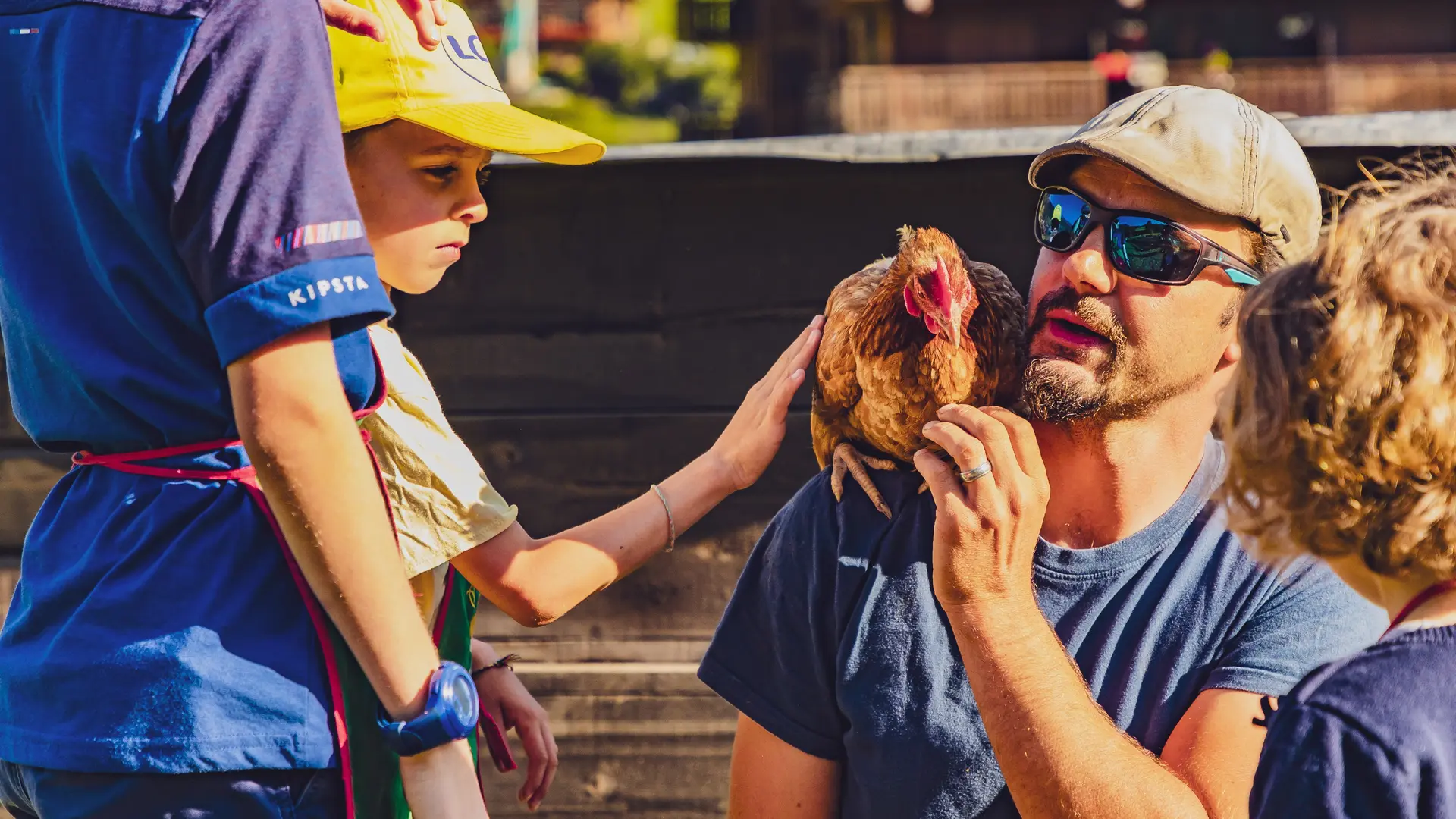 caresser la poule à l'atelier les petits fermiers