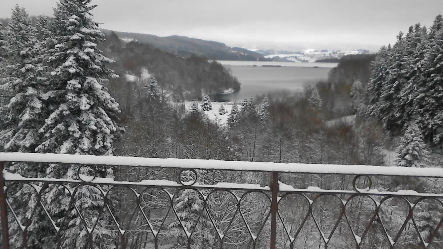 vue du viaduc sur le bourg de Saint- Priest-Laprugne...