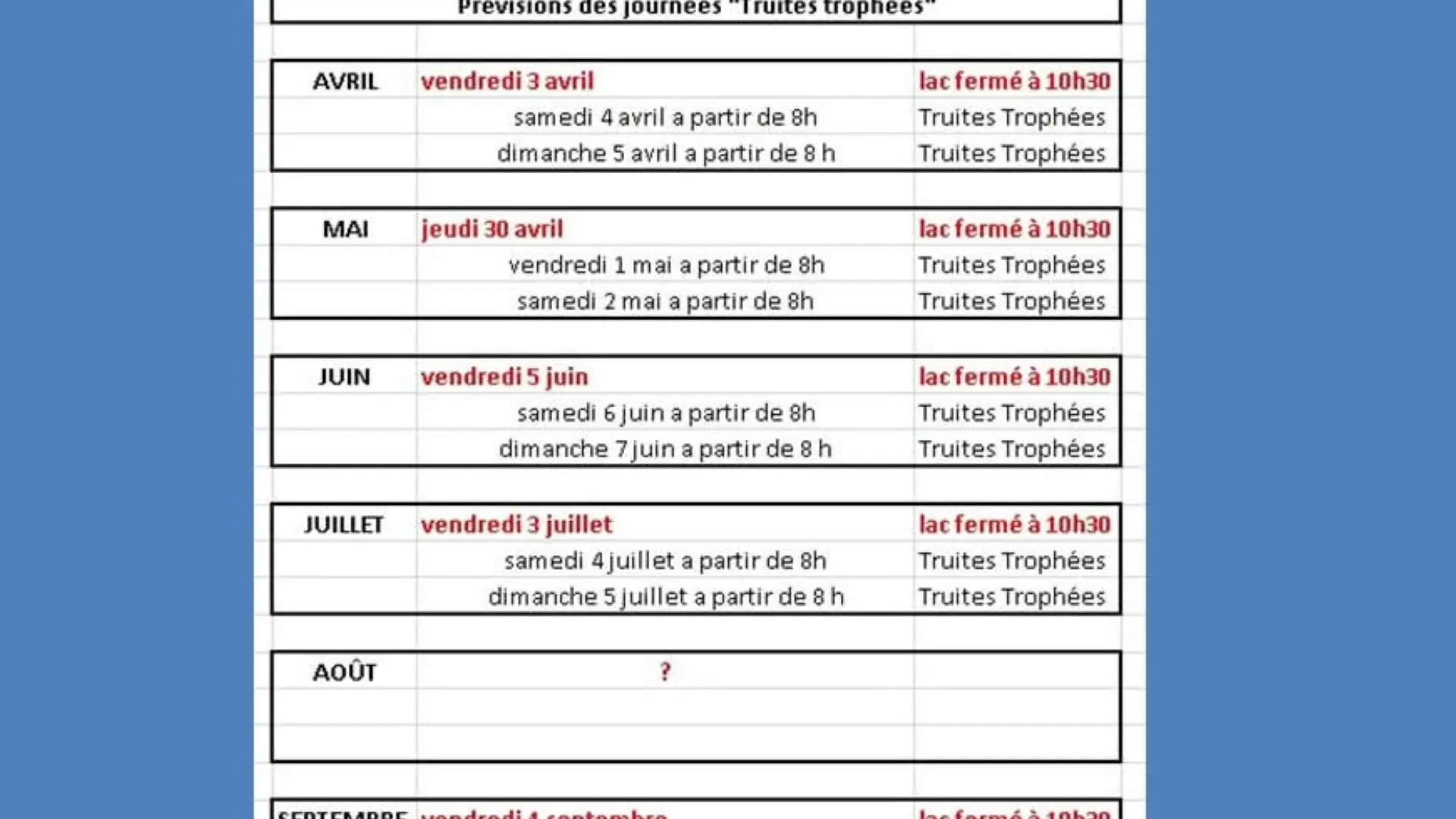 Calendrier poissons trophées