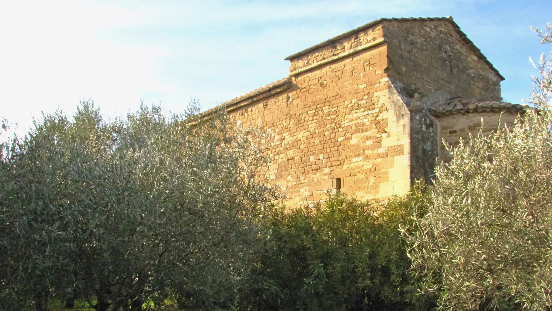 Chevet de la chapelle et oliveraie