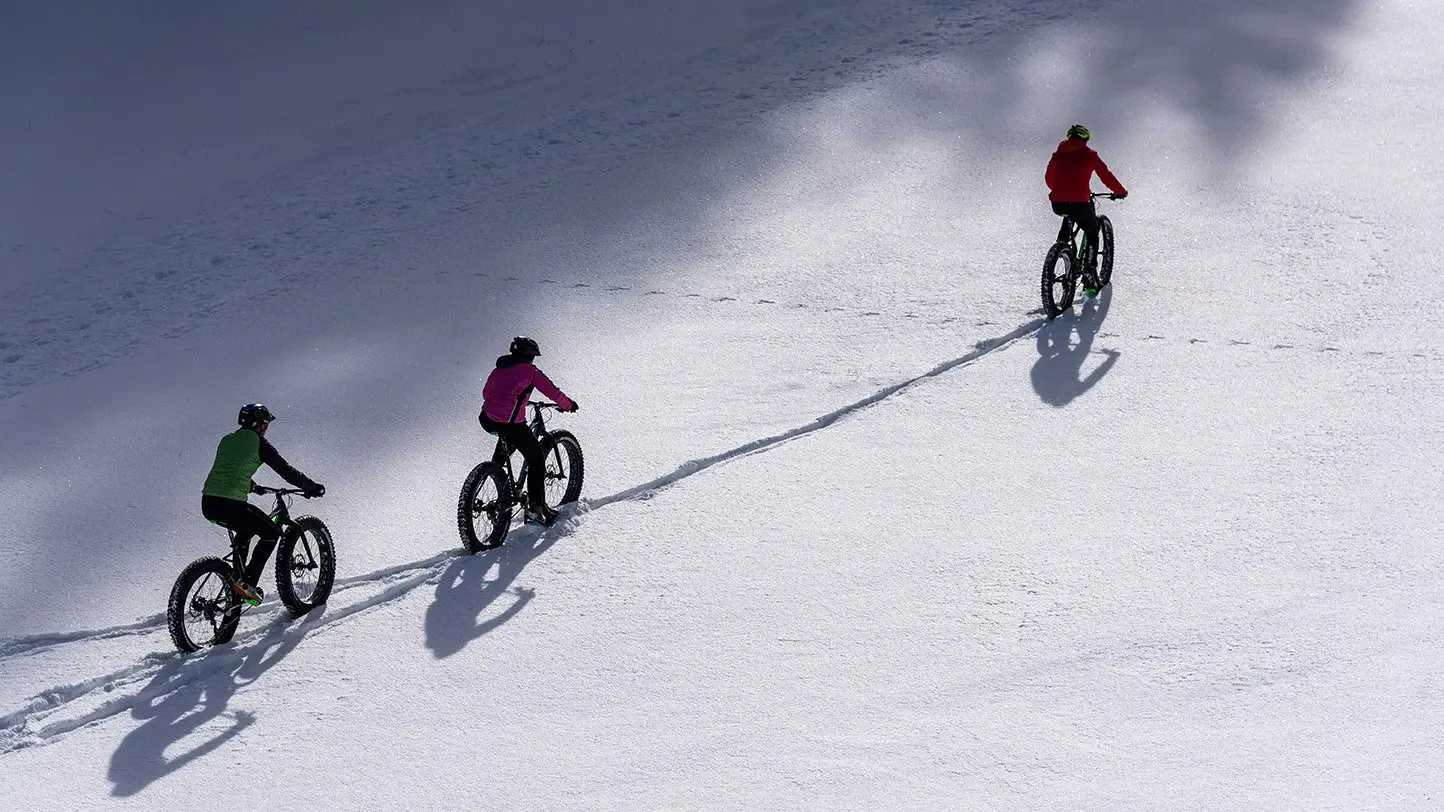 Groupe traversée champ de neige en Fatbike électrique