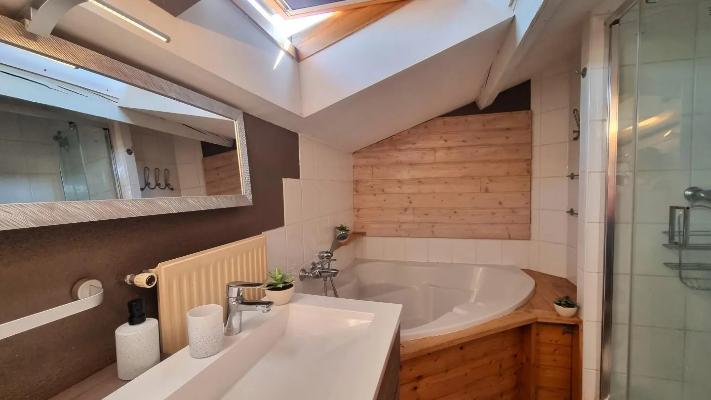 Salle d'eau avec douche et baignoire d'angle.