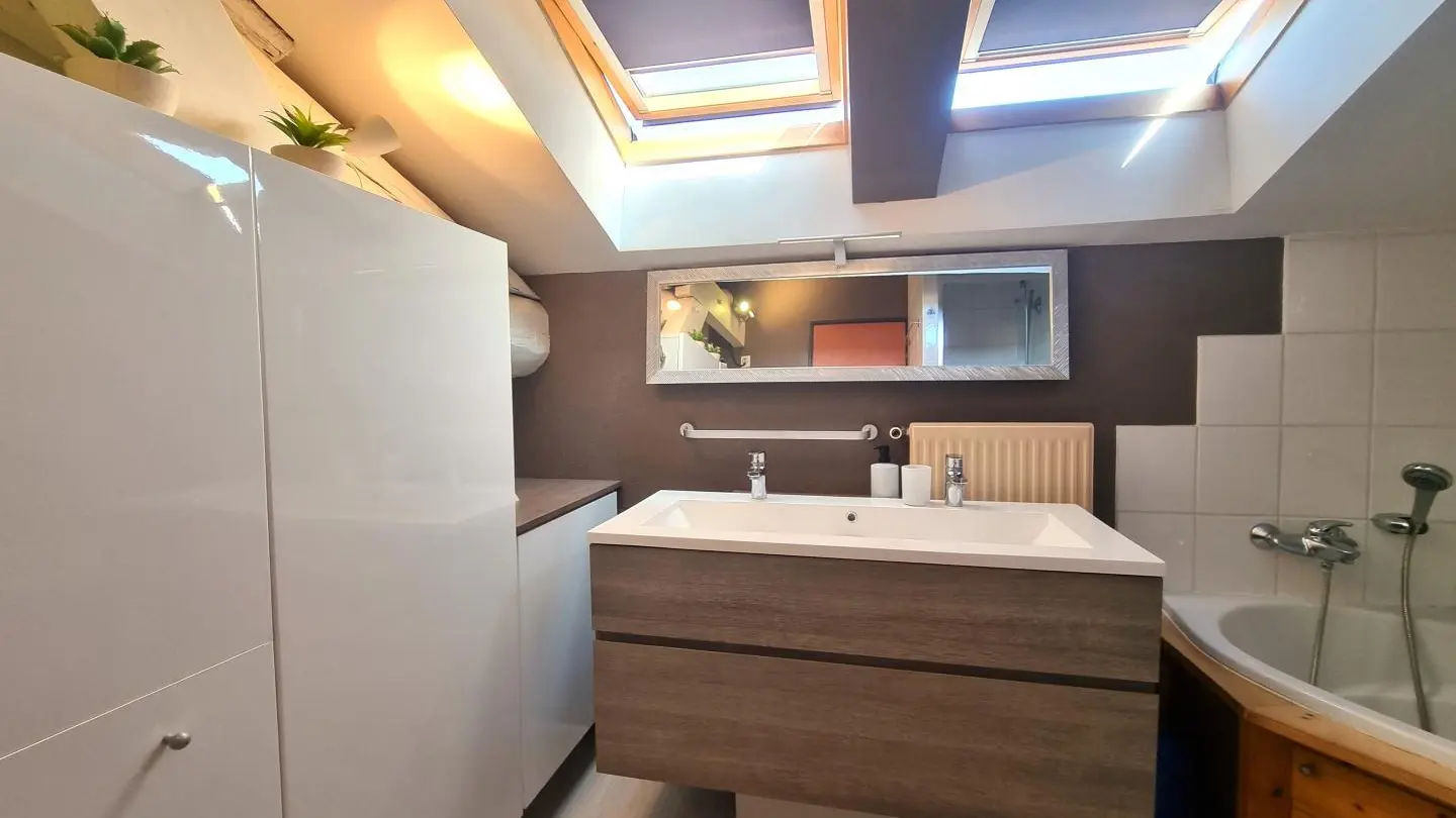 Salle d'eau avec douche et baignoire d'angle.