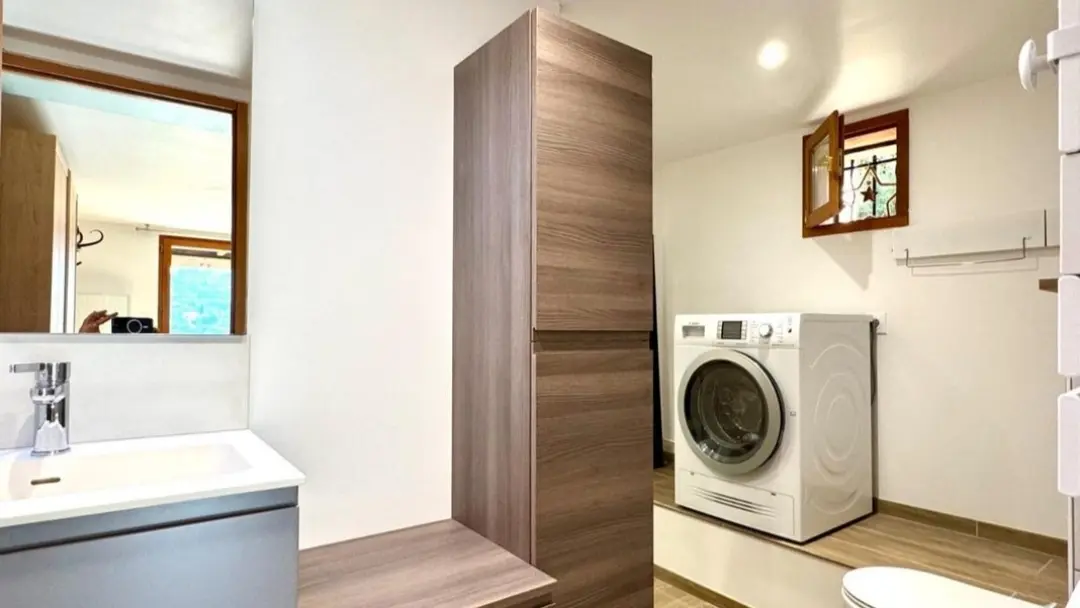 Cette salle d'eau comporte un meuble vasque blanc avec miroir à gauche, une colonne de rangement en bois au centre et une machine à laver le linge au fond de la pièce.