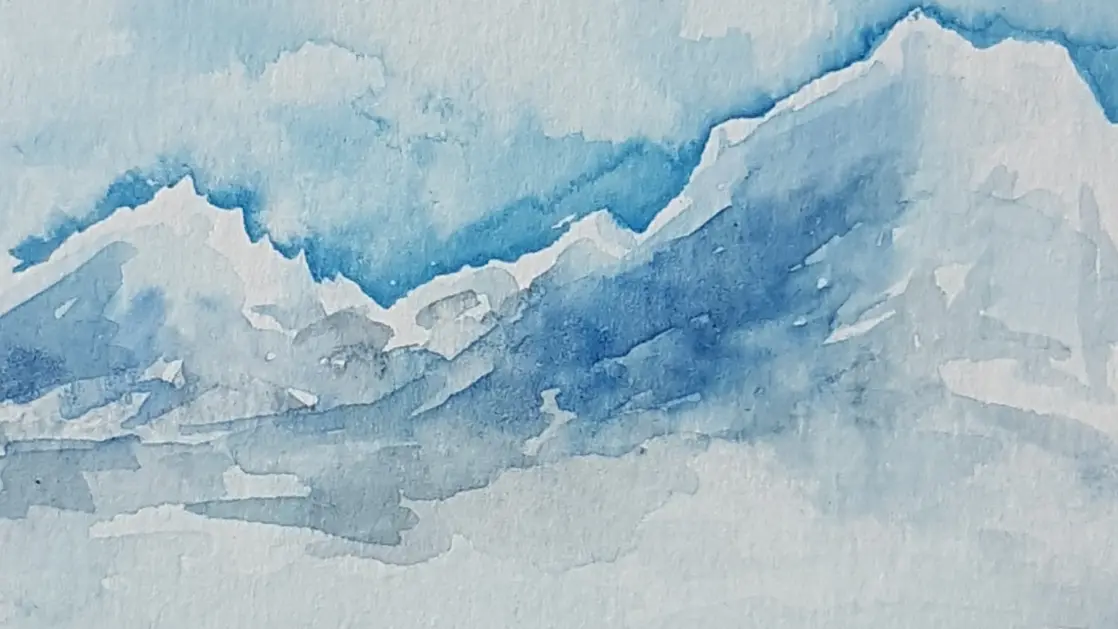 Aquarelle représentant des traces de lièvre dans la neige.