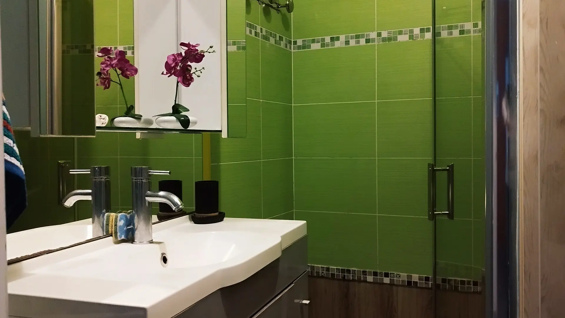 Salle d'eau avec douche à l'italienne, lavabo.