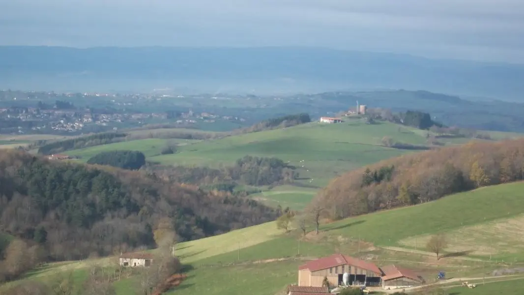 vue en 1er plan notre maison et exploitation et en fond le gîte.