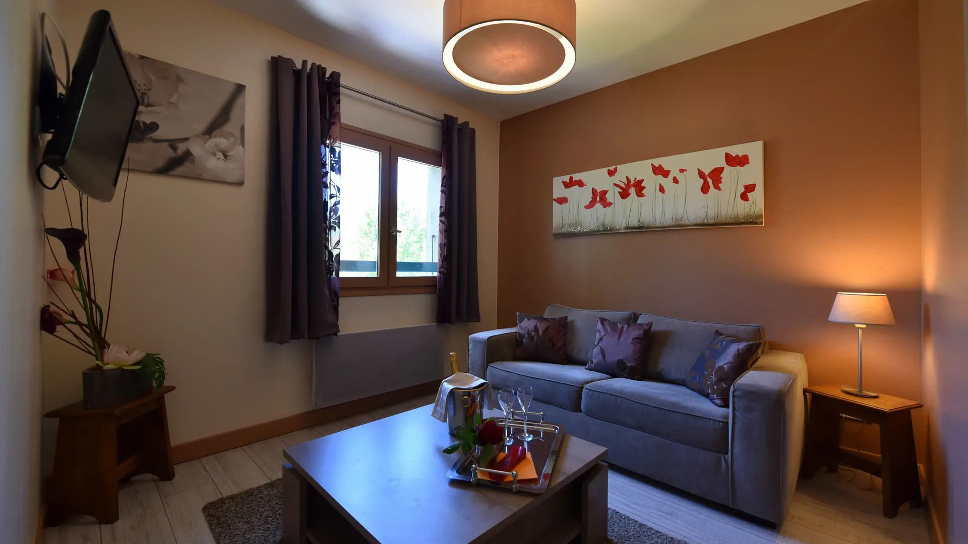 Petit salon cosy avec canapé 4 places, table basse sur laquelle sont posés un seau à champagne, une bouteille et deux coupes. Une lampe de console et un plafonnier éclairent la pièce, décorée de deux tableaux et d’une télévision murale. La lumière naturelle entre par la fenêtre