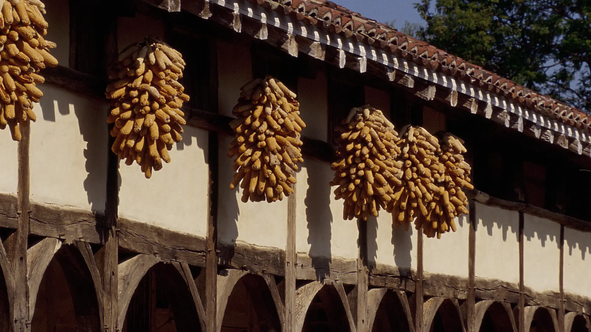 Détail de la ferme musée avec épis de maïs et cheminée sarrasine
