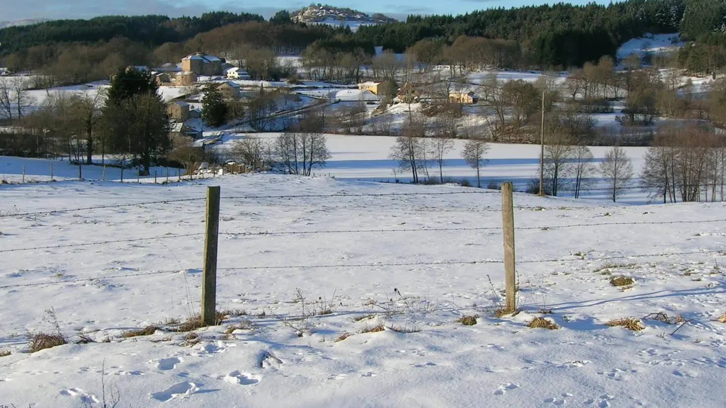 Vue du gite : la campagne enneigée, l'étang de la Goutte gelé