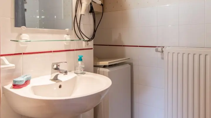 1ére salle d'eau, lavabo, douche, wc et machine à laver