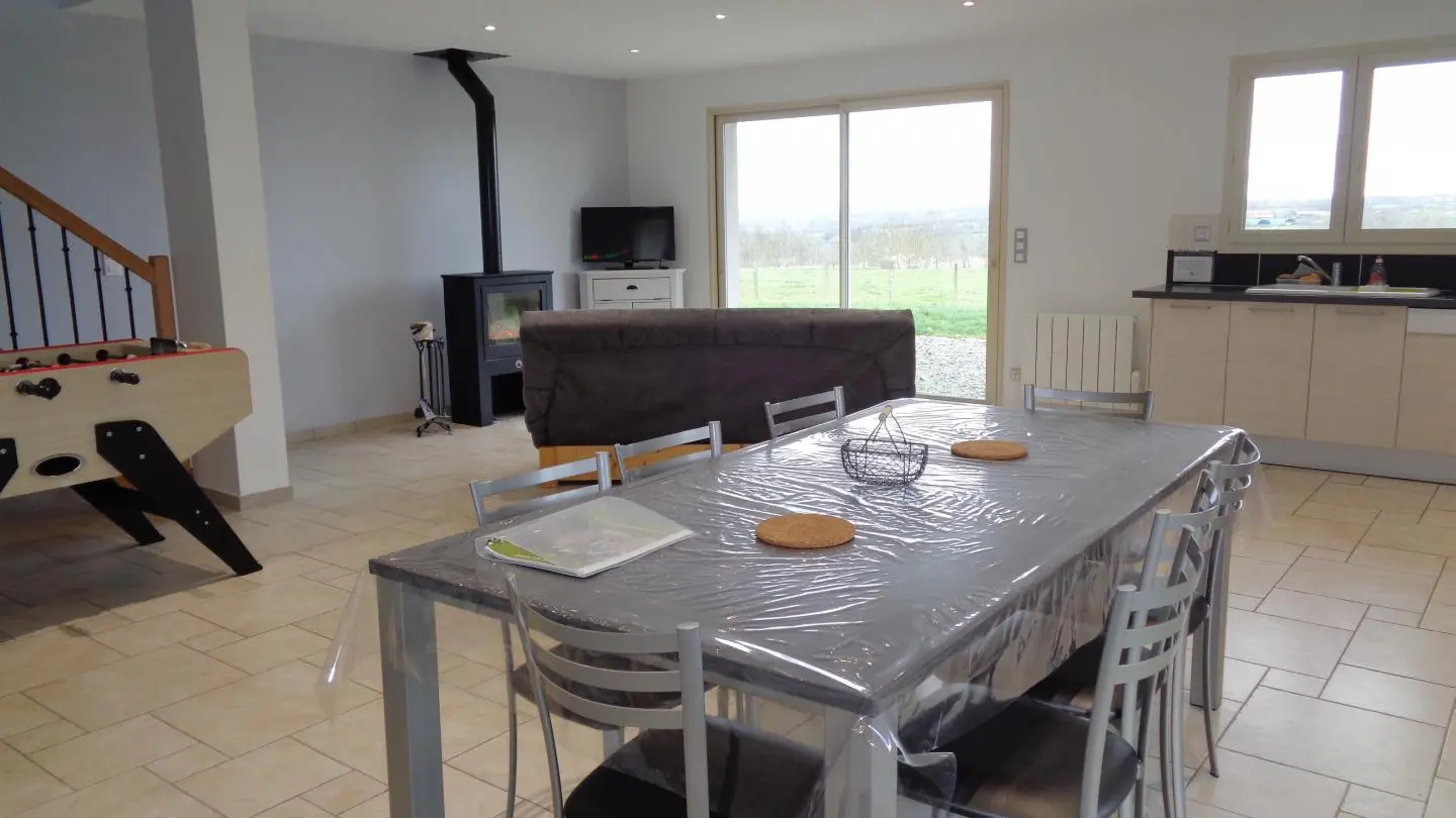 Belle pièce à vivre de 50m² avec cuisine ouverte sur le salon et la salle à manger.