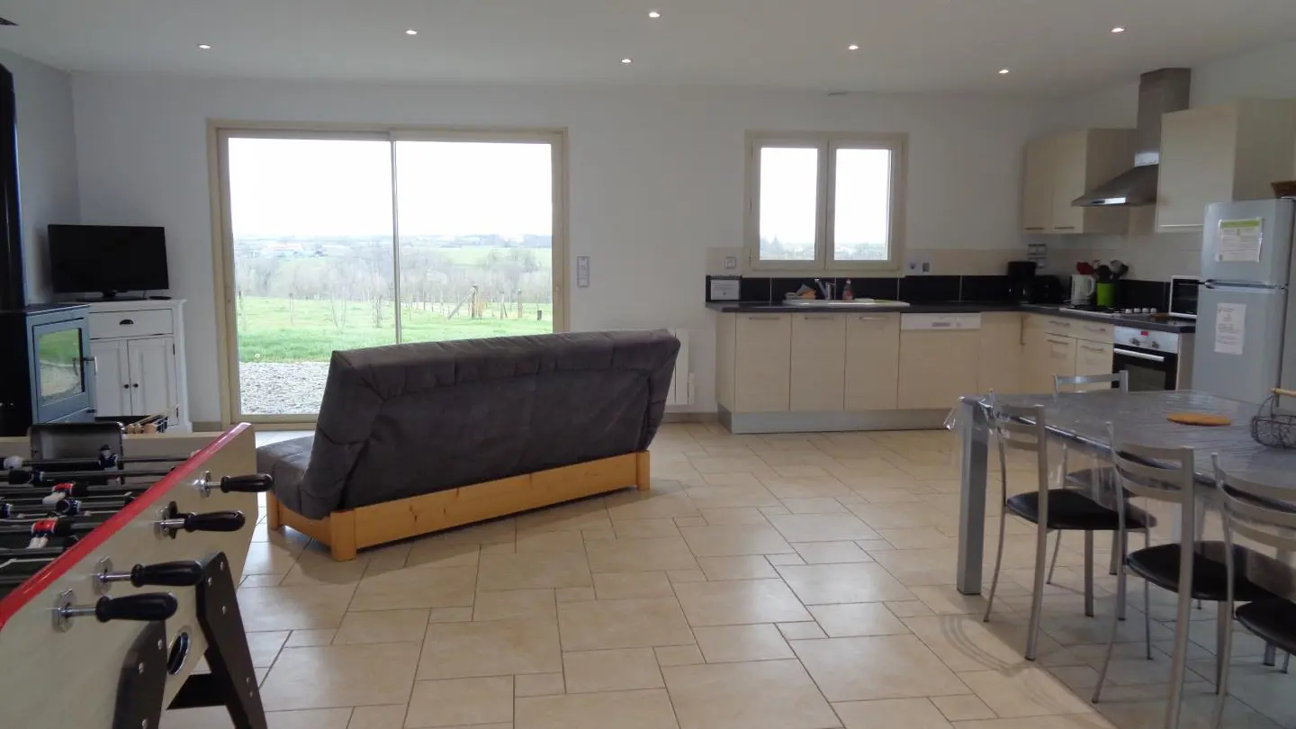 Belle pièce à vivre de 50m² avec cuisine ouverte sur le salon et la salle à manger.