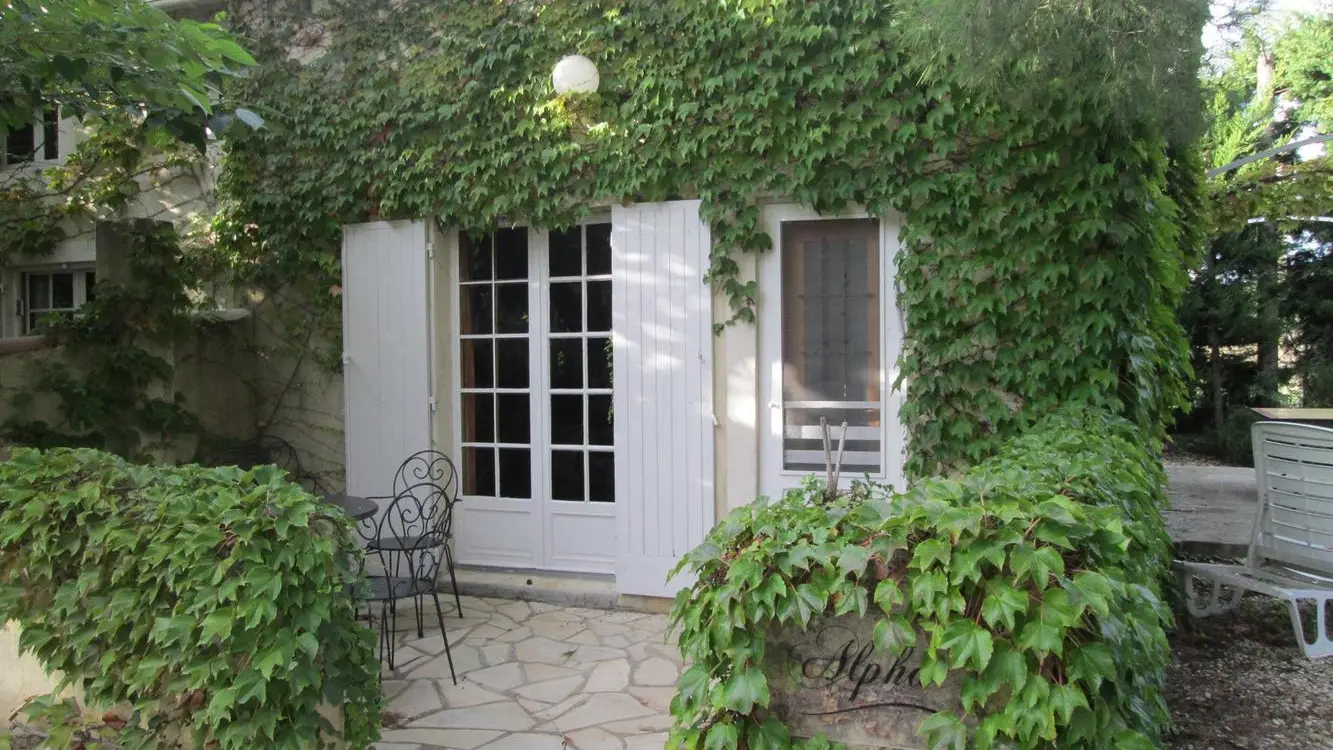 Terrasse privative côté Sud avec vue sur le plan d'eau .
          GITE ALPHA
