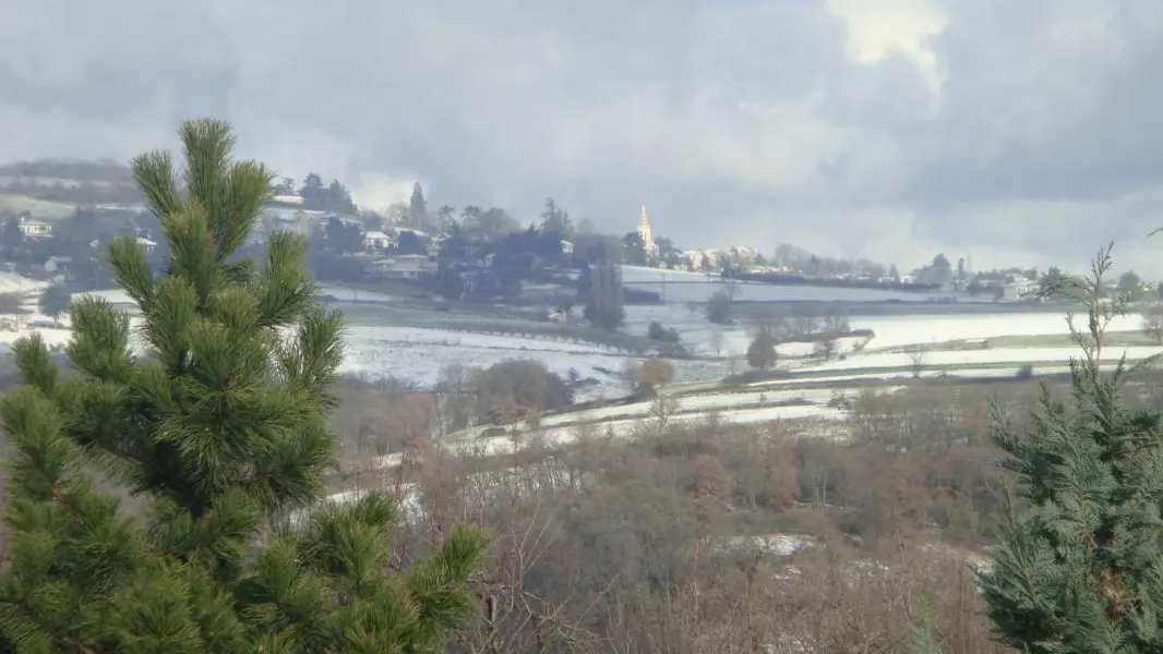 Vue de la pièce de vie(les monts du Lyonnais sous la neige).