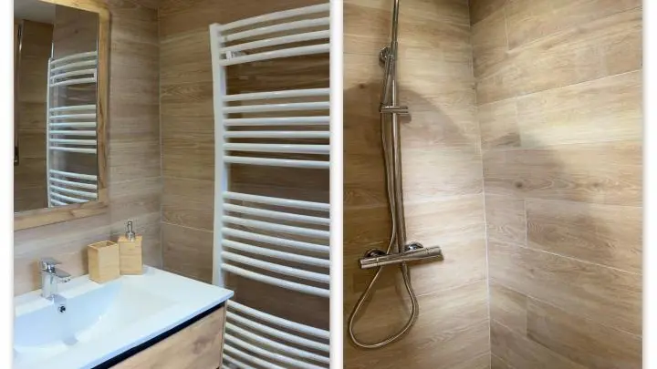 Salle d'eau : douche italienne & vasque.