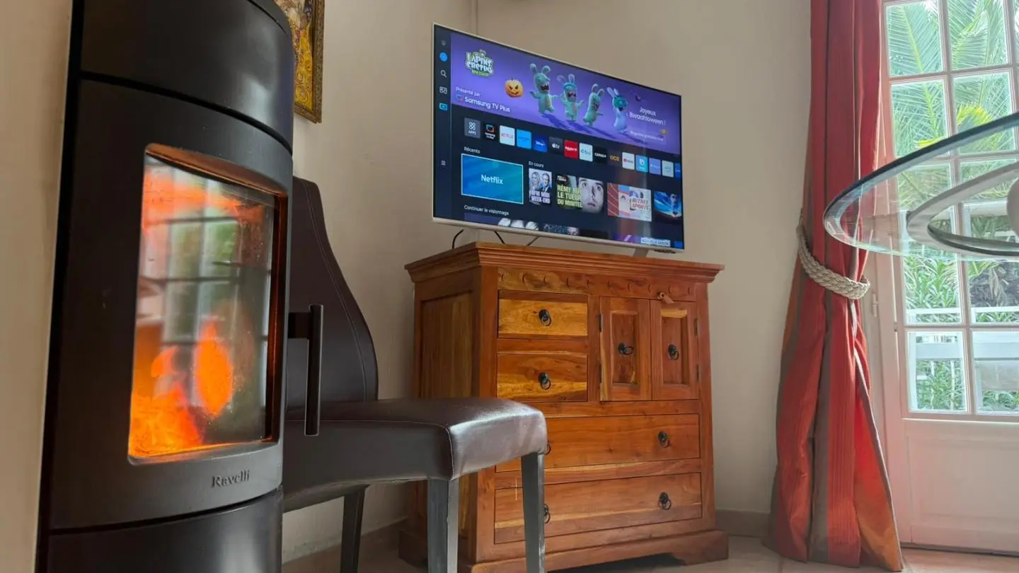 Villa palmeraie Nice® Aspremont 06 Poêle à granulés avec nettoyage automatique  pour les hivers rigoureux  et Smart TV.