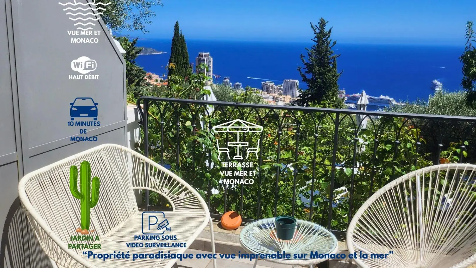 Le Cactus, Terrasse et vue-Beausoleil-Alpes-Maritimes