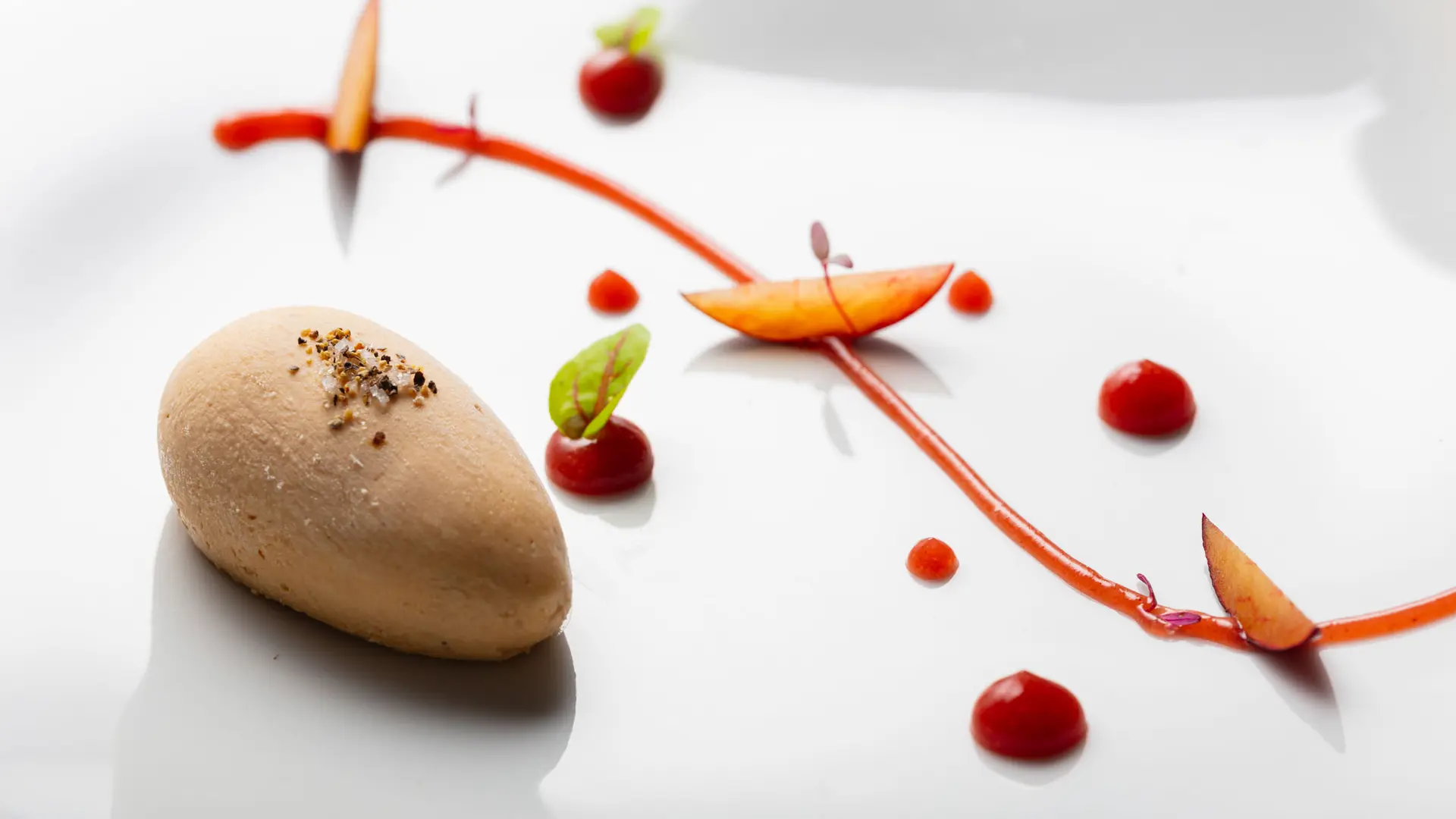 Ce dessert présente une quenelle chocolat avec une décoration composée d'une ligne colorée et de points de sauce sur une assiette blanche.