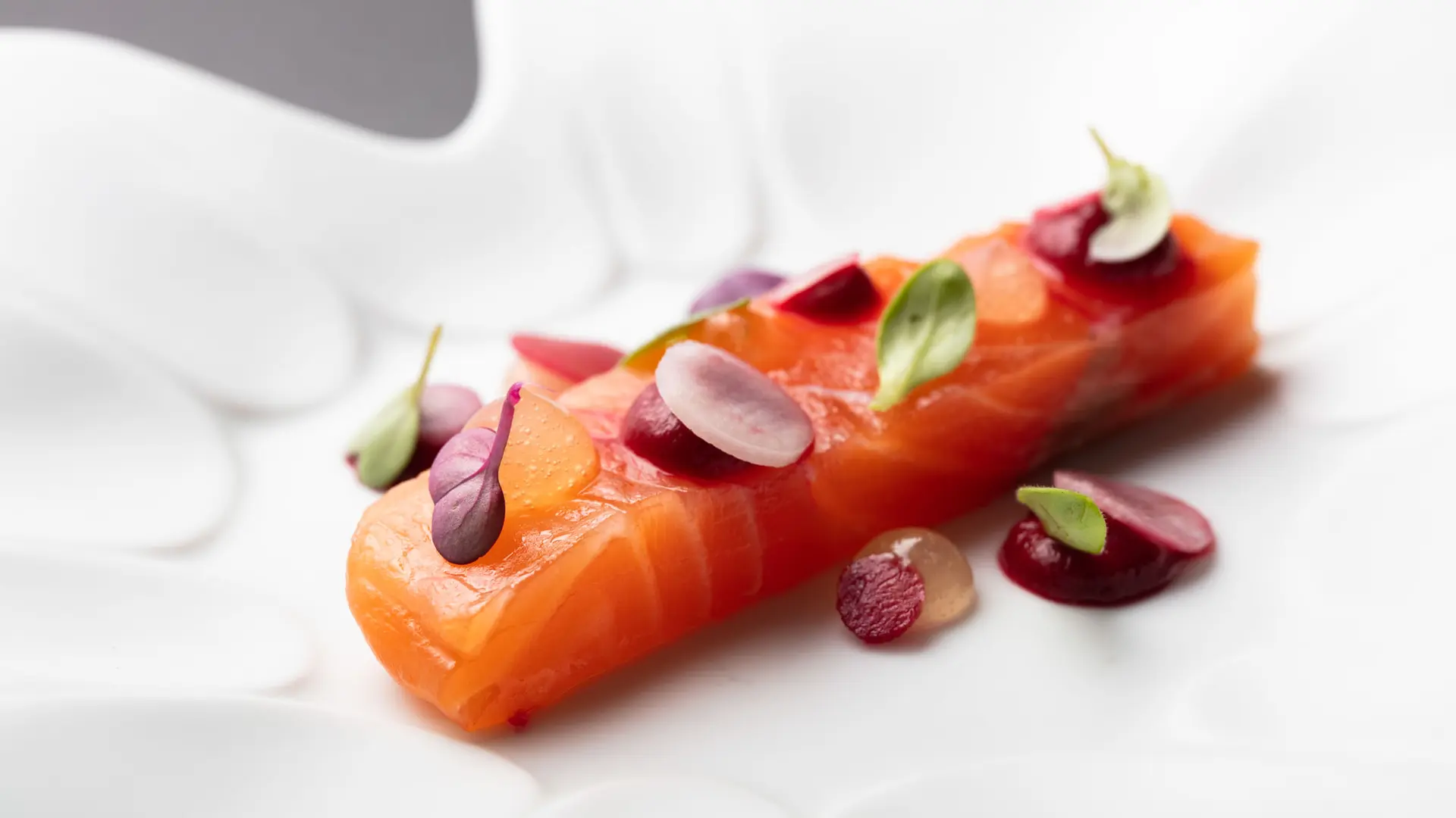 Une assiette blanche contient un morceau de saumon cru, garni de diverses herbes et légumes coupés en petites cercles.