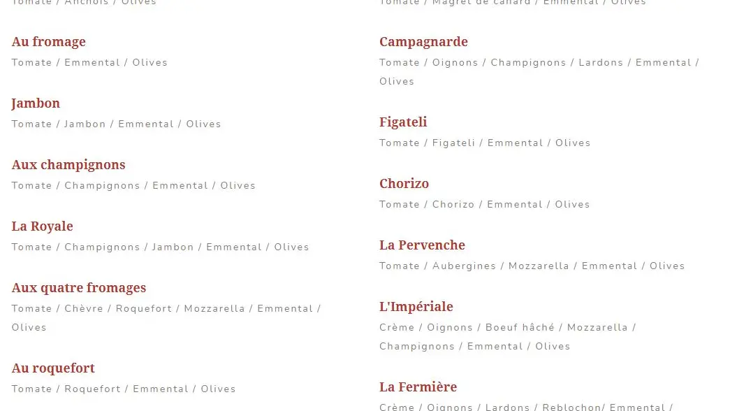 Carte des pizzas