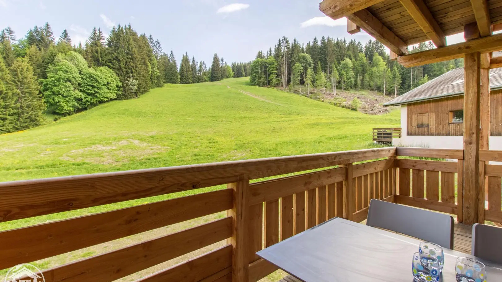 Vue sur les pistes l'hiver depuis le balcon