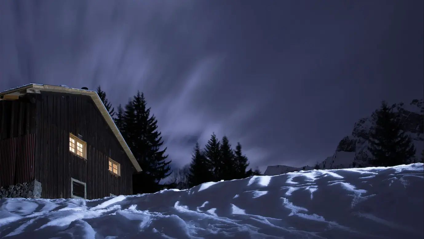 View of the mountain sky by full moon, from the Mont Plaisir chalet, a peaceful mountain refuge in Samoëns, Haute Savoie