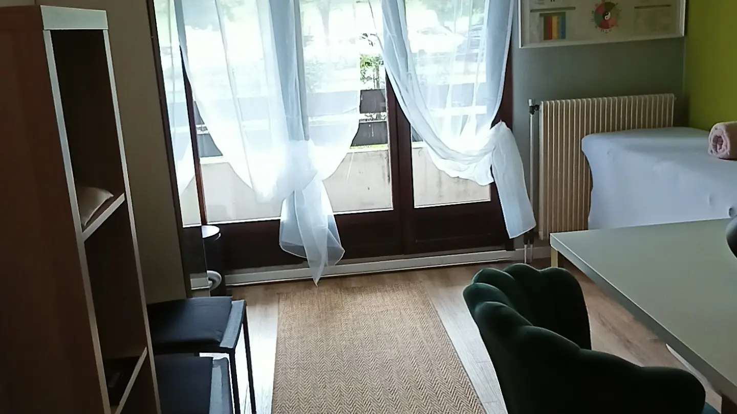 C'est une pièce avec un sol en parquet, un mur vert et un mur gris, une porte-fenêtre donnant sur un balcon, un canapé de massage, une étagère en bois et un bureau avec une chaise.