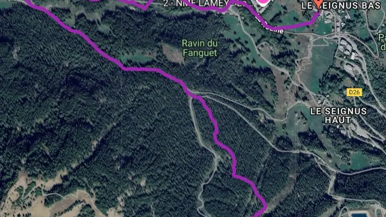 Plan de l'itinéraire en raquettes sur google maps : départ de l'Autapie, arrivée sur le Seignus bas